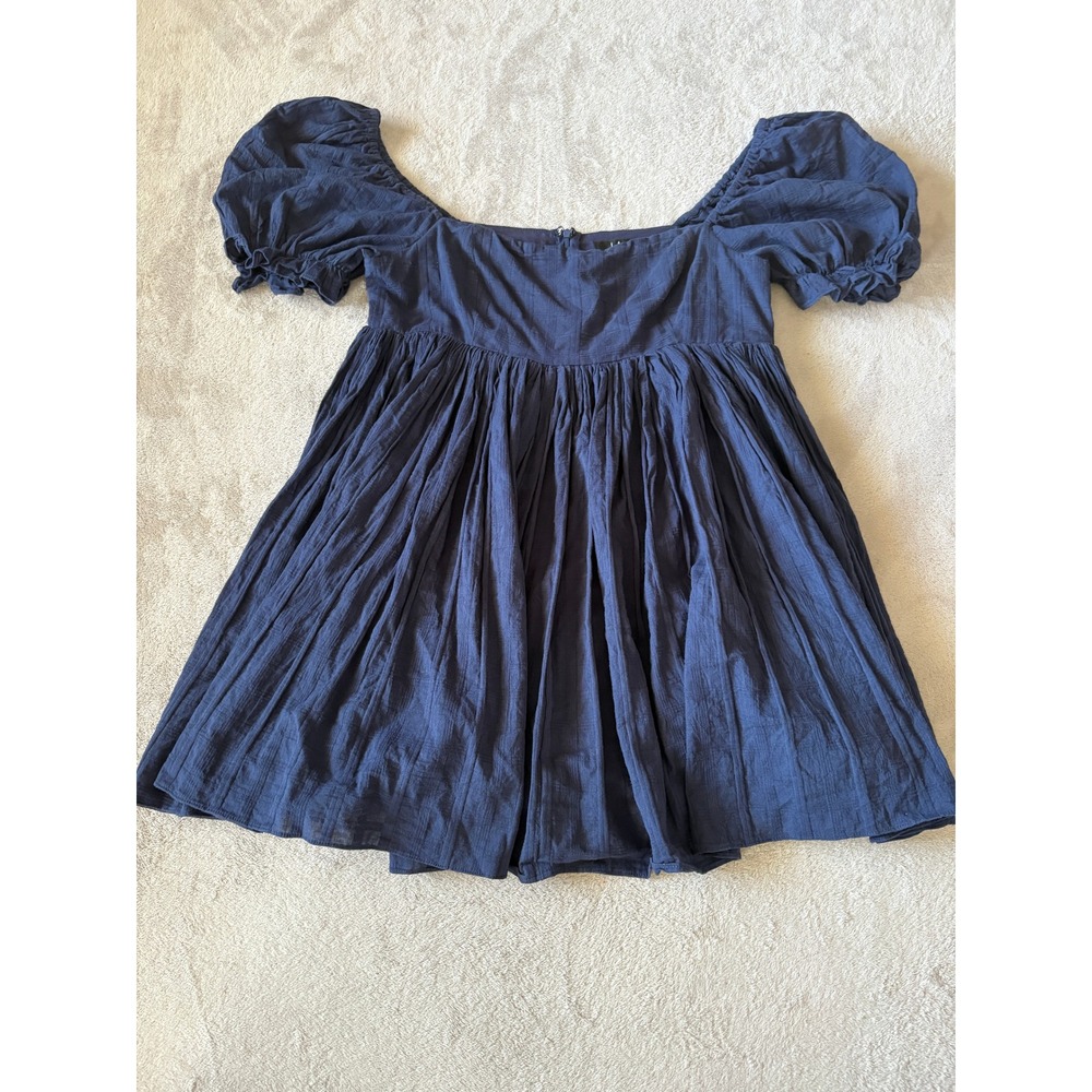Lulus A Day in Paris Navy Blue Square Neck Puff Sleeve Babydoll Dress Size Large
